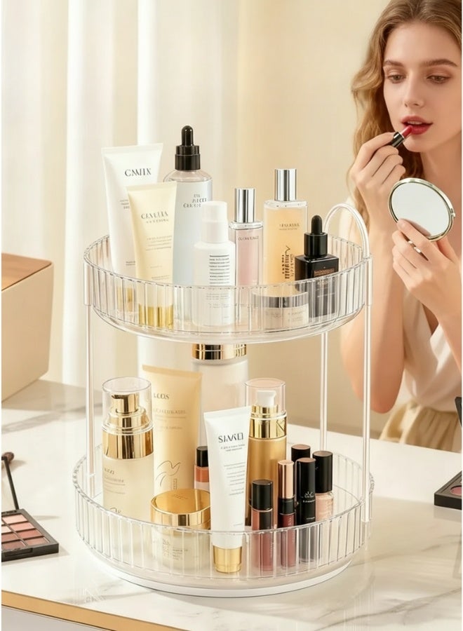 منظمة مكياج وعطور أكريليك دوّارة 360 درجة مكوّنة من طبقتين بسعة تخزين كبيرة – حامل شفاف فاخر لتنظيم وتخزين مستحضرات التجميل والعناية بالبشرة والعطور والكريمات والسيروم وأدوات المكياج بشكل أنيق وعملي على التسريحة أو داخل غرفة النوم والحمام - Image 2